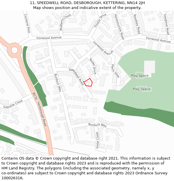 11, SPEEDWELL ROAD, DESBOROUGH, KETTERING, NN14 2JH: Location map and indicative extent of plot