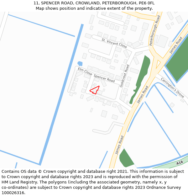 11, SPENCER ROAD, CROWLAND, PETERBOROUGH, PE6 0FL: Location map and indicative extent of plot