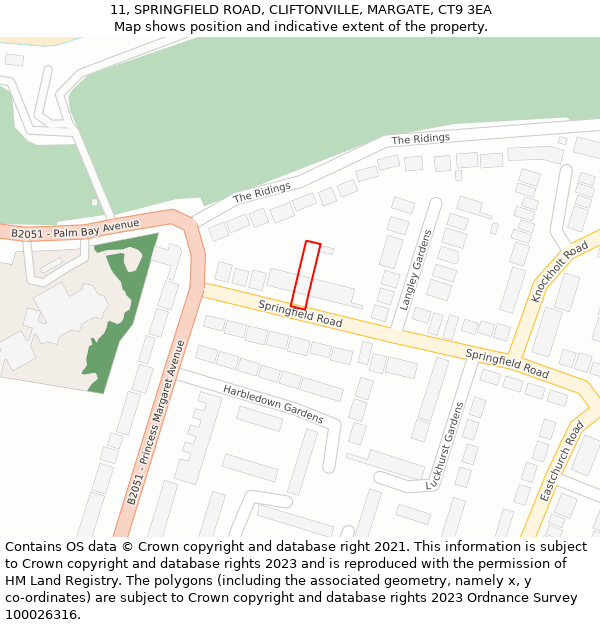 11, SPRINGFIELD ROAD, CLIFTONVILLE, MARGATE, CT9 3EA: Location map and indicative extent of plot