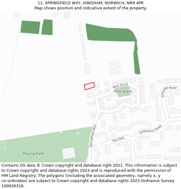11, SPRINGFIELD WAY, HINGHAM, NORWICH, NR9 4PR: Location map and indicative extent of plot