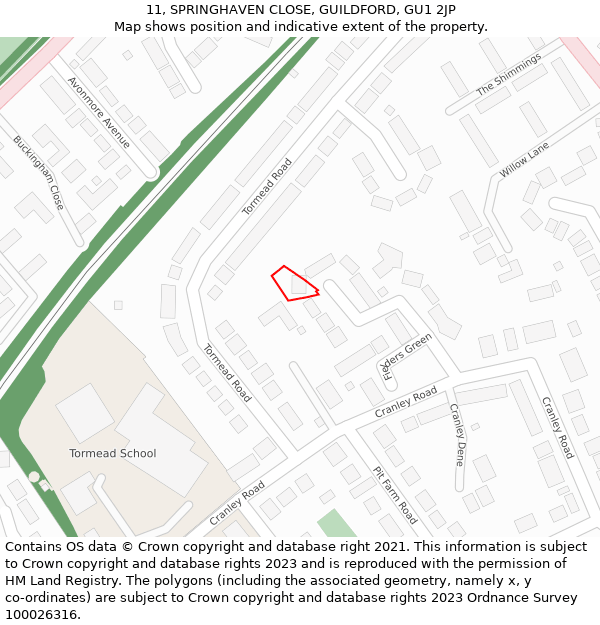 11, SPRINGHAVEN CLOSE, GUILDFORD, GU1 2JP: Location map and indicative extent of plot