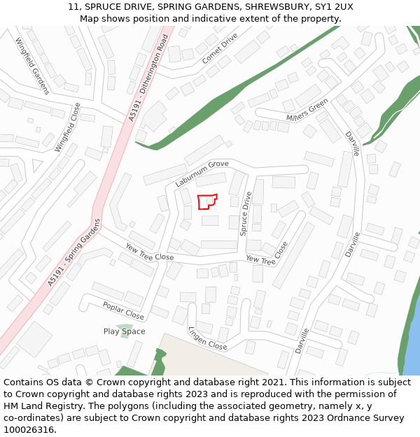 11, SPRUCE DRIVE, SPRING GARDENS, SHREWSBURY, SY1 2UX: Location map and indicative extent of plot