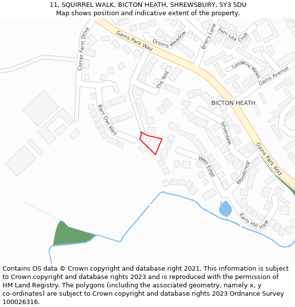 11, SQUIRREL WALK, BICTON HEATH, SHREWSBURY, SY3 5DU: Location map and indicative extent of plot