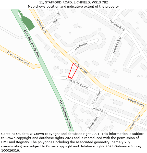 11, STAFFORD ROAD, LICHFIELD, WS13 7BZ: Location map and indicative extent of plot