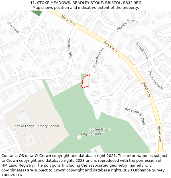 11, STOKE MEADOWS, BRADLEY STOKE, BRISTOL, BS32 9BG: Location map and indicative extent of plot