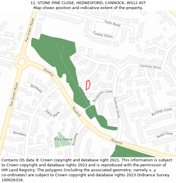 11, STONE PINE CLOSE, HEDNESFORD, CANNOCK, WS12 4ST: Location map and indicative extent of plot