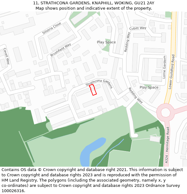 11, STRATHCONA GARDENS, KNAPHILL, WOKING, GU21 2AY: Location map and indicative extent of plot