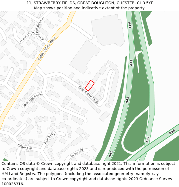 11, STRAWBERRY FIELDS, GREAT BOUGHTON, CHESTER, CH3 5YF: Location map and indicative extent of plot