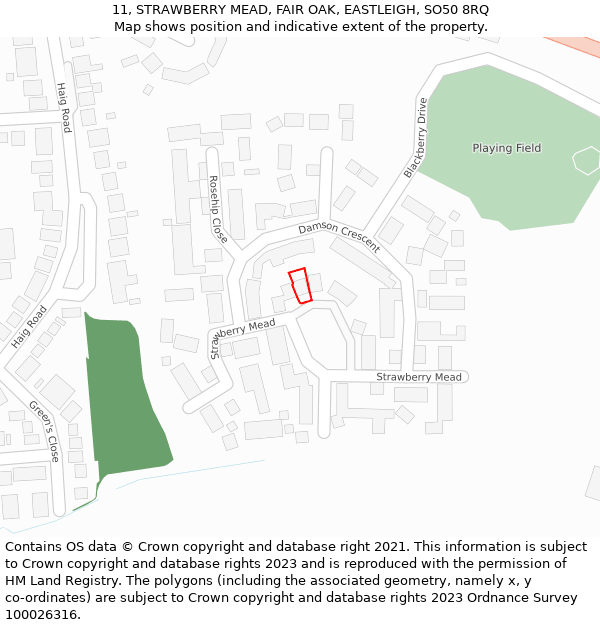 11, STRAWBERRY MEAD, FAIR OAK, EASTLEIGH, SO50 8RQ: Location map and indicative extent of plot