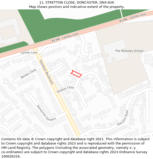 11, STRETTON CLOSE, DONCASTER, DN4 6UE: Location map and indicative extent of plot