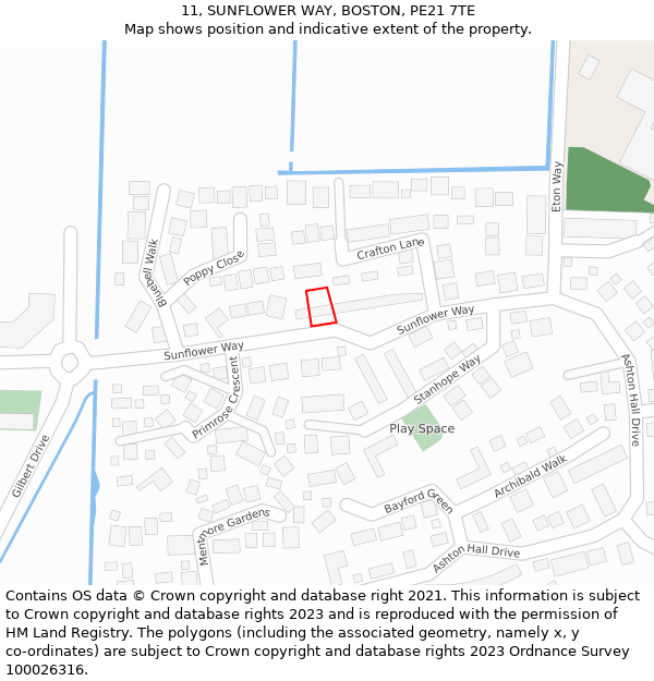 11, SUNFLOWER WAY, BOSTON, PE21 7TE: Location map and indicative extent of plot