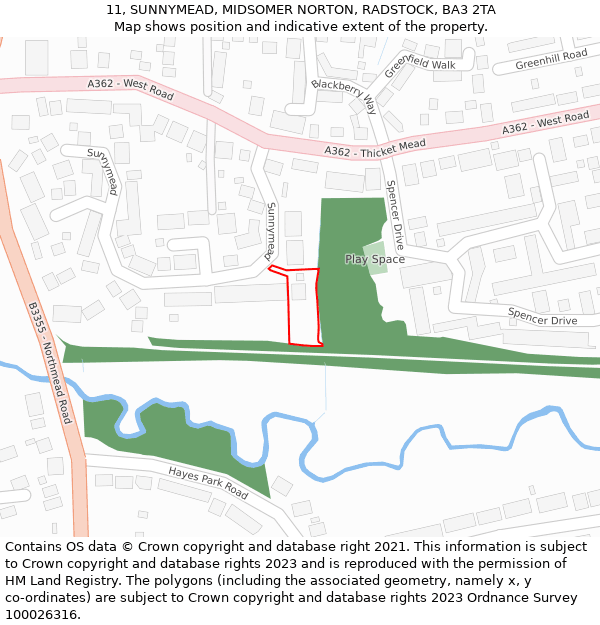 11, SUNNYMEAD, MIDSOMER NORTON, RADSTOCK, BA3 2TA: Location map and indicative extent of plot