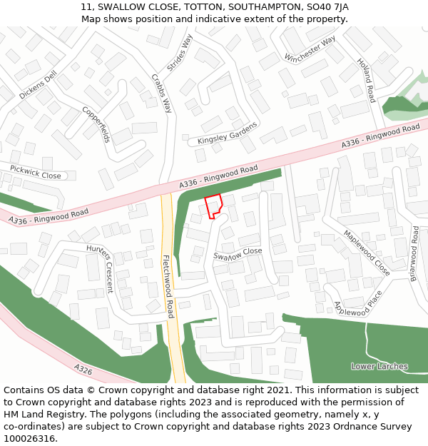 11, SWALLOW CLOSE, TOTTON, SOUTHAMPTON, SO40 7JA: Location map and indicative extent of plot