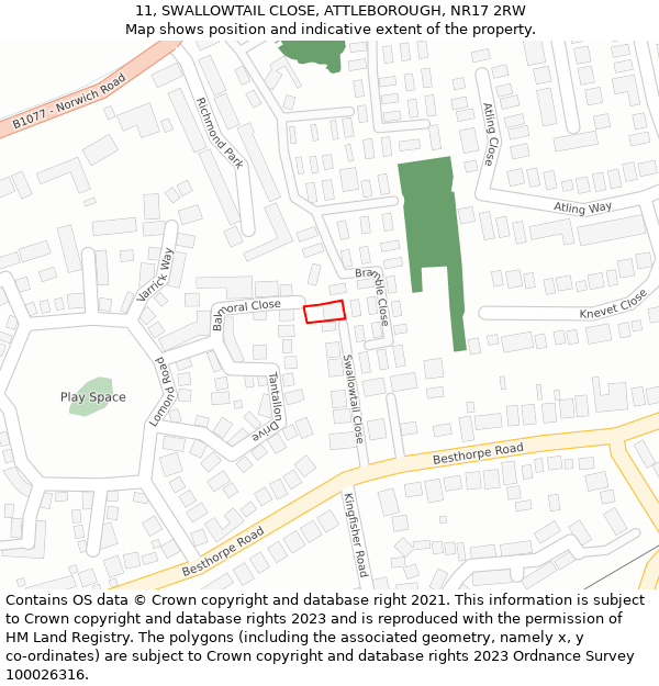 11, SWALLOWTAIL CLOSE, ATTLEBOROUGH, NR17 2RW: Location map and indicative extent of plot