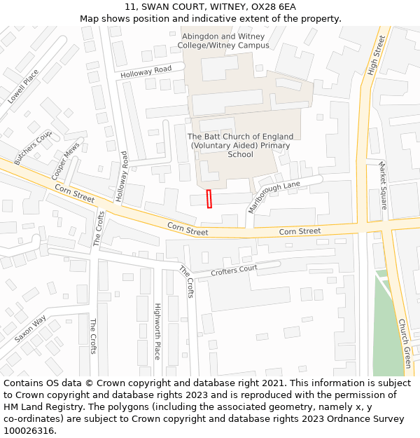 11, SWAN COURT, WITNEY, OX28 6EA: Location map and indicative extent of plot