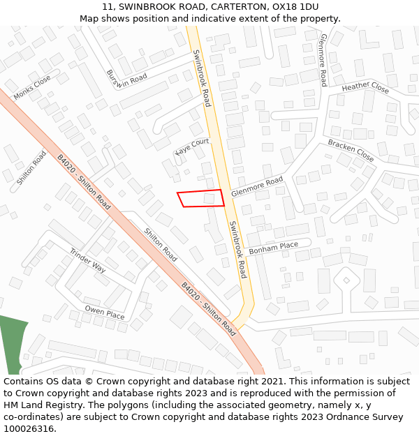 11, SWINBROOK ROAD, CARTERTON, OX18 1DU: Location map and indicative extent of plot