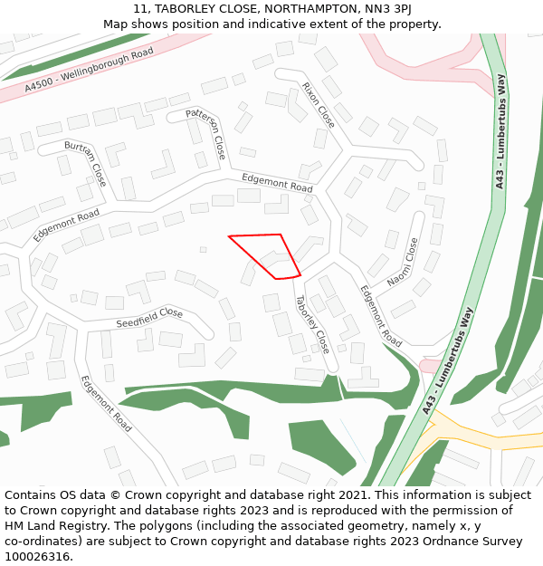 11, TABORLEY CLOSE, NORTHAMPTON, NN3 3PJ: Location map and indicative extent of plot