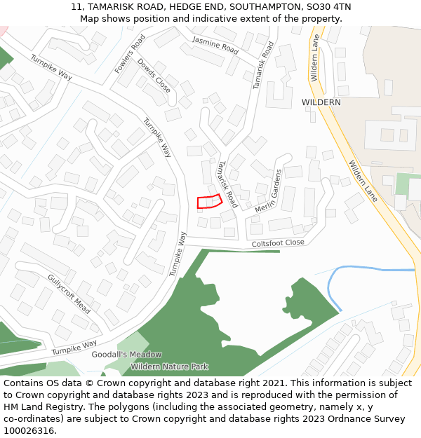 11, TAMARISK ROAD, HEDGE END, SOUTHAMPTON, SO30 4TN: Location map and indicative extent of plot