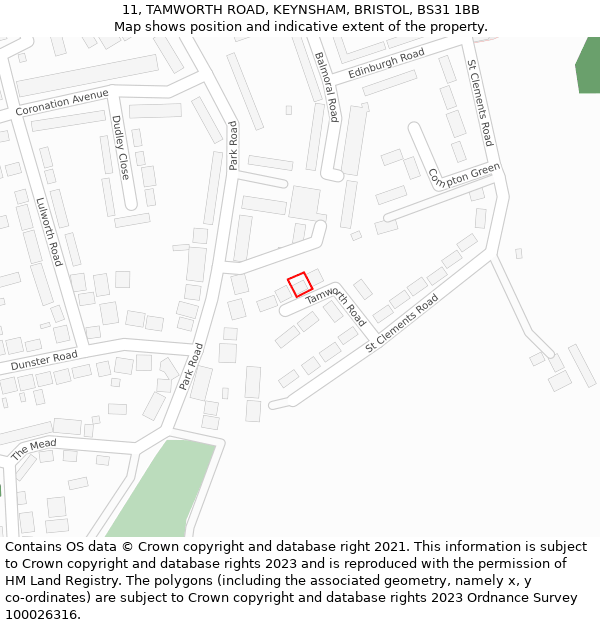 11, TAMWORTH ROAD, KEYNSHAM, BRISTOL, BS31 1BB: Location map and indicative extent of plot