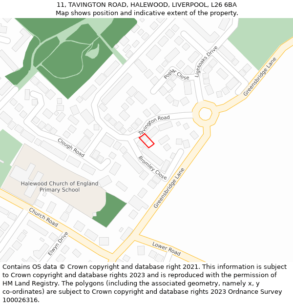 11, TAVINGTON ROAD, HALEWOOD, LIVERPOOL, L26 6BA: Location map and indicative extent of plot