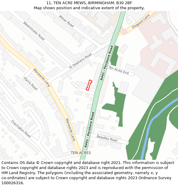 11, TEN ACRE MEWS, BIRMINGHAM, B30 2BF: Location map and indicative extent of plot