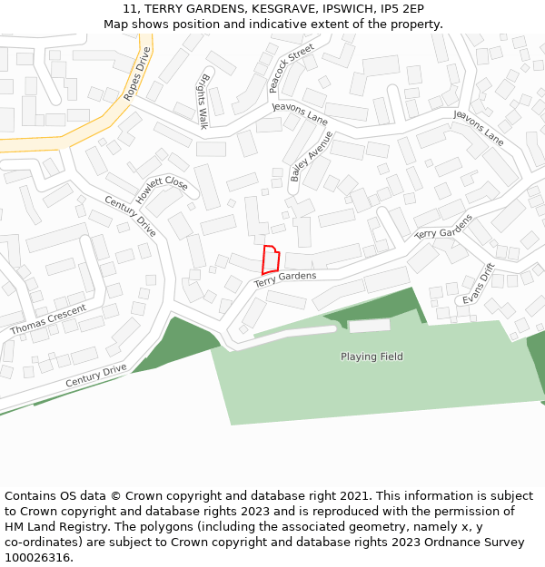 11, TERRY GARDENS, KESGRAVE, IPSWICH, IP5 2EP: Location map and indicative extent of plot