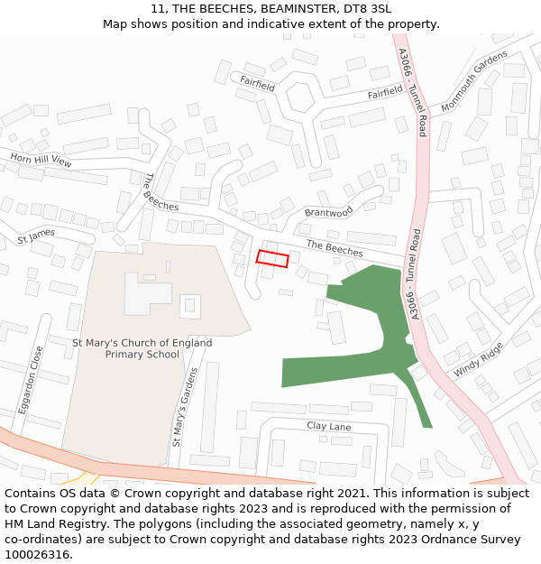 11, THE BEECHES, BEAMINSTER, DT8 3SL: Location map and indicative extent of plot