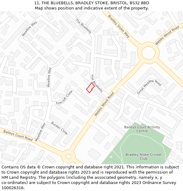 11, THE BLUEBELLS, BRADLEY STOKE, BRISTOL, BS32 8BD: Location map and indicative extent of plot