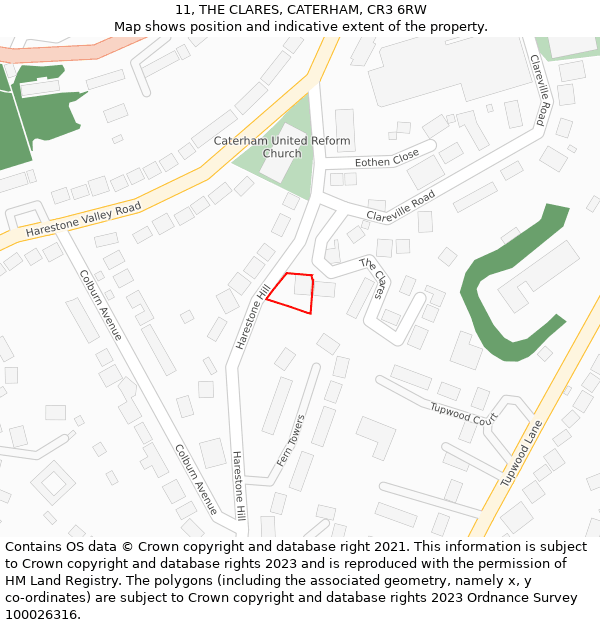 11, THE CLARES, CATERHAM, CR3 6RW: Location map and indicative extent of plot