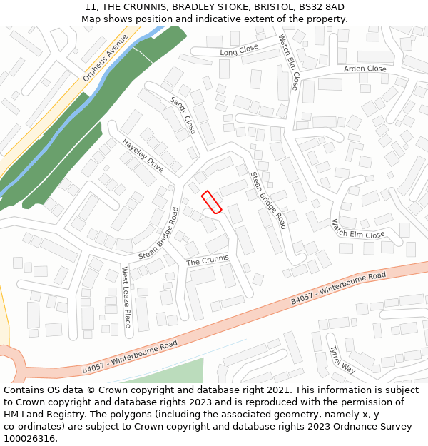 11, THE CRUNNIS, BRADLEY STOKE, BRISTOL, BS32 8AD: Location map and indicative extent of plot