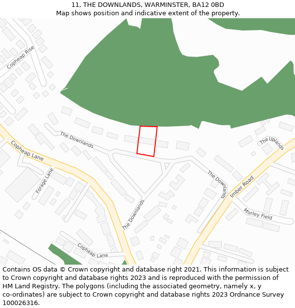 11, THE DOWNLANDS, WARMINSTER, BA12 0BD: Location map and indicative extent of plot