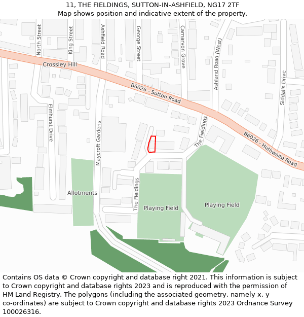 11, THE FIELDINGS, SUTTON-IN-ASHFIELD, NG17 2TF: Location map and indicative extent of plot