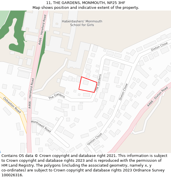 11, THE GARDENS, MONMOUTH, NP25 3HF: Location map and indicative extent of plot