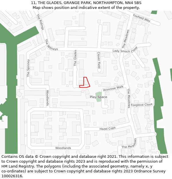 11, THE GLADES, GRANGE PARK, NORTHAMPTON, NN4 5BS: Location map and indicative extent of plot