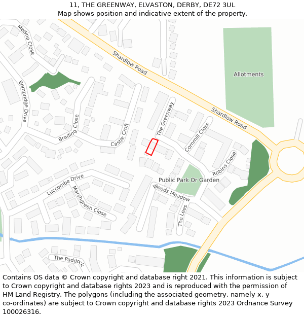 11, THE GREENWAY, ELVASTON, DERBY, DE72 3UL: Location map and indicative extent of plot