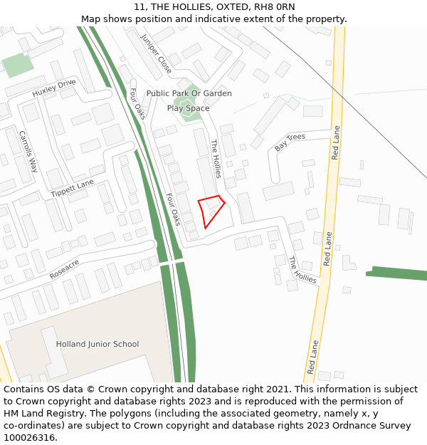 11, THE HOLLIES, OXTED, RH8 0RN: Location map and indicative extent of plot