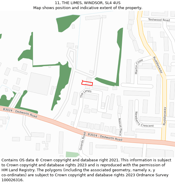 11, THE LIMES, WINDSOR, SL4 4US: Location map and indicative extent of plot