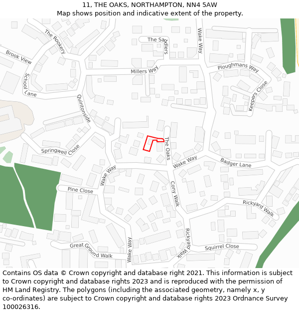 11, THE OAKS, NORTHAMPTON, NN4 5AW: Location map and indicative extent of plot
