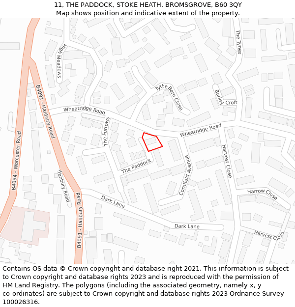 11, THE PADDOCK, STOKE HEATH, BROMSGROVE, B60 3QY: Location map and indicative extent of plot