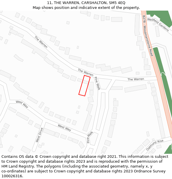 11, THE WARREN, CARSHALTON, SM5 4EQ: Location map and indicative extent of plot