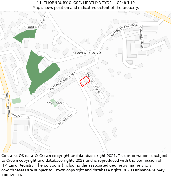 11, THORNBURY CLOSE, MERTHYR TYDFIL, CF48 1HP: Location map and indicative extent of plot