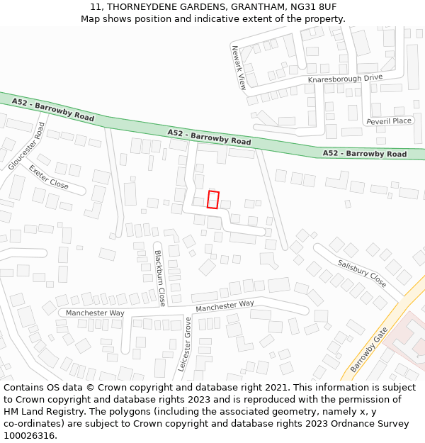 11, THORNEYDENE GARDENS, GRANTHAM, NG31 8UF: Location map and indicative extent of plot