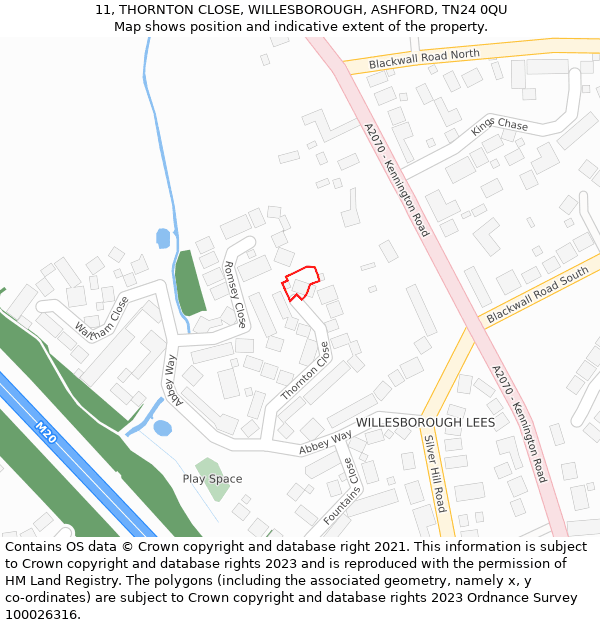 11, THORNTON CLOSE, WILLESBOROUGH, ASHFORD, TN24 0QU: Location map and indicative extent of plot