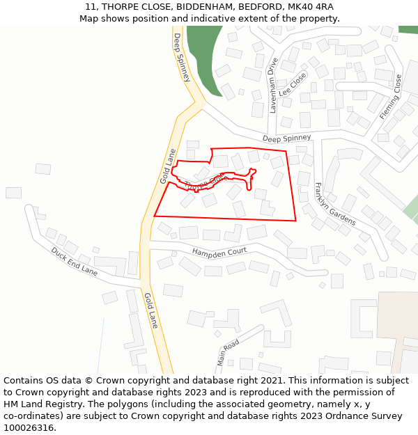 11, THORPE CLOSE, BIDDENHAM, BEDFORD, MK40 4RA: Location map and indicative extent of plot