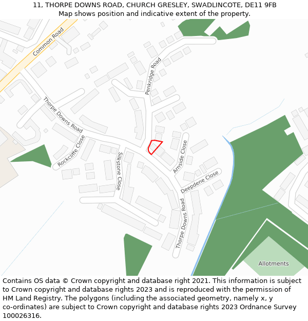 11, THORPE DOWNS ROAD, CHURCH GRESLEY, SWADLINCOTE, DE11 9FB: Location map and indicative extent of plot