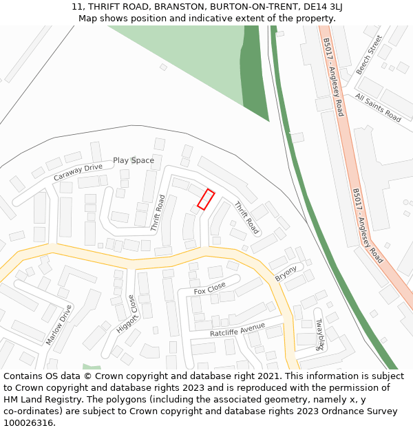 11, THRIFT ROAD, BRANSTON, BURTON-ON-TRENT, DE14 3LJ: Location map and indicative extent of plot