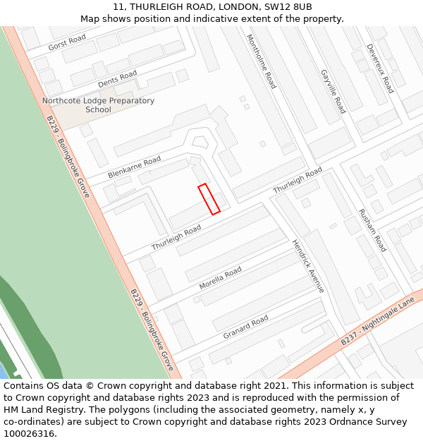 11, THURLEIGH ROAD, LONDON, SW12 8UB: Location map and indicative extent of plot