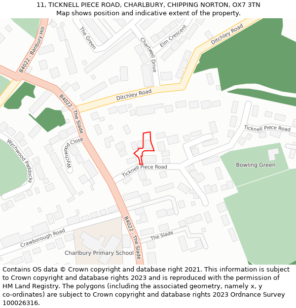 11, TICKNELL PIECE ROAD, CHARLBURY, CHIPPING NORTON, OX7 3TN: Location map and indicative extent of plot