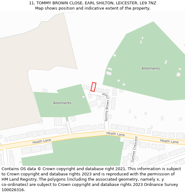11, TOMMY BROWN CLOSE, EARL SHILTON, LEICESTER, LE9 7NZ: Location map and indicative extent of plot