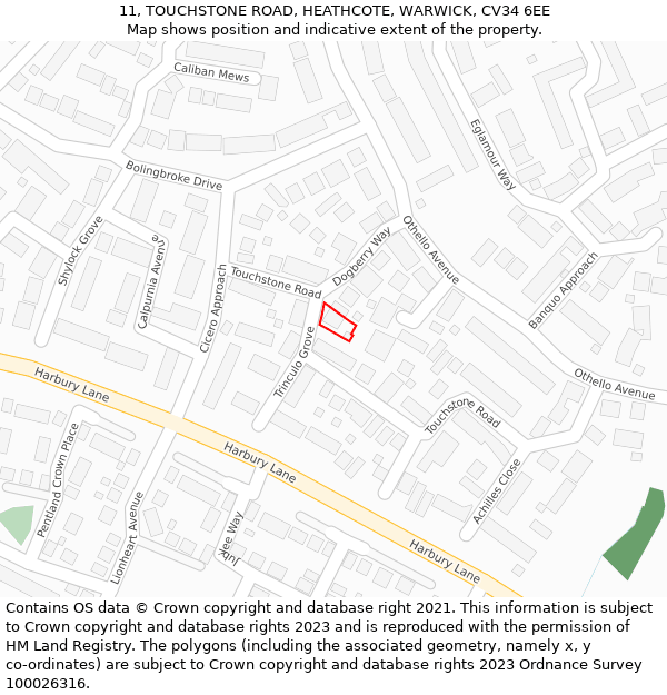 11, TOUCHSTONE ROAD, HEATHCOTE, WARWICK, CV34 6EE: Location map and indicative extent of plot